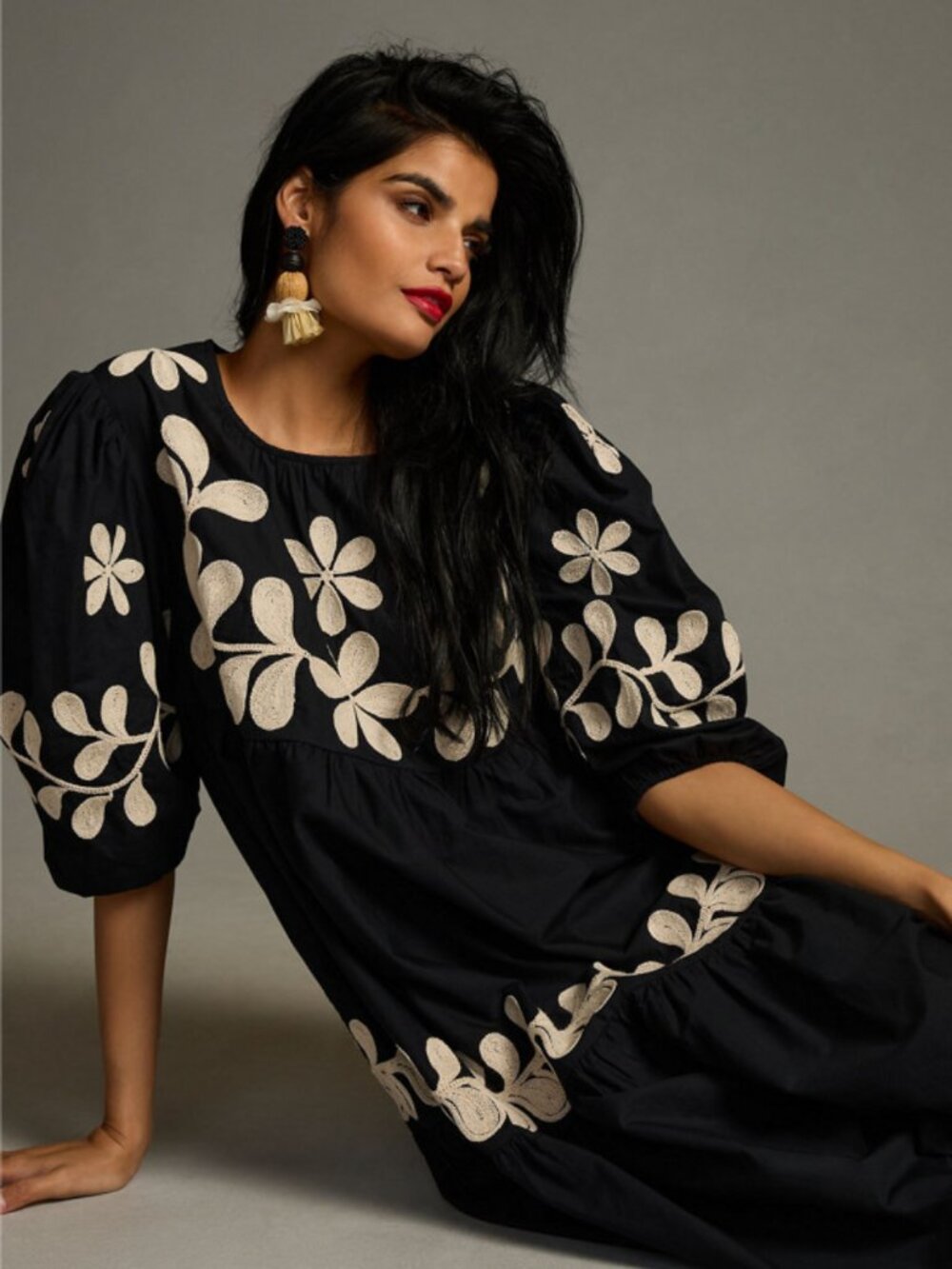 ANTHROPOLOGIE EMBROIDERED PUFF-SLEEVE MIDI DRESS - Picture 3 of 9